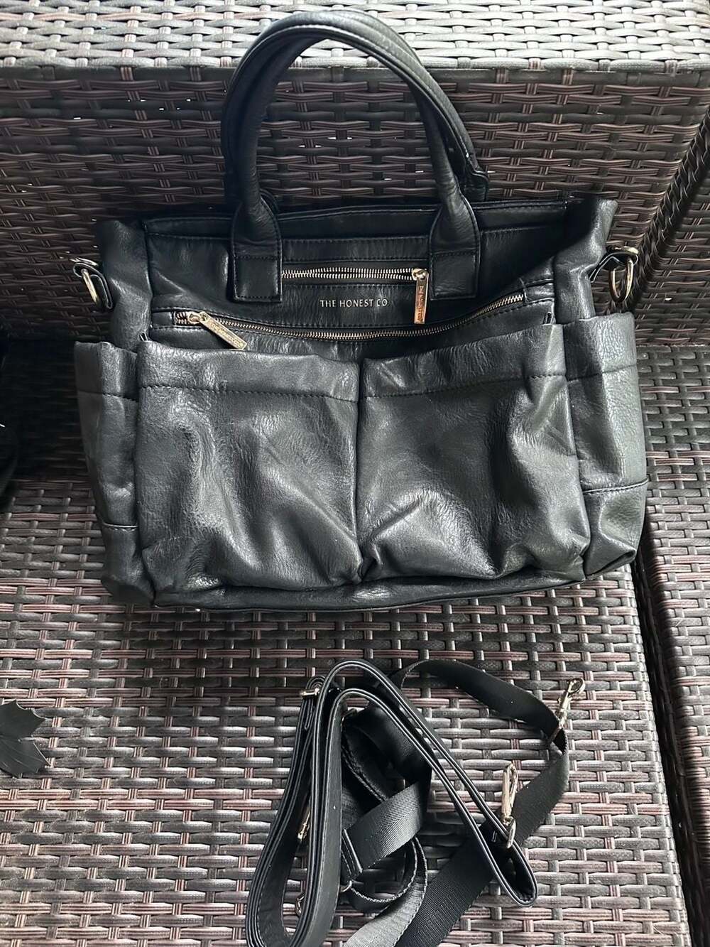 The Honest Co. Black Faux Leather Diaper Bag Tote with Removable Straps